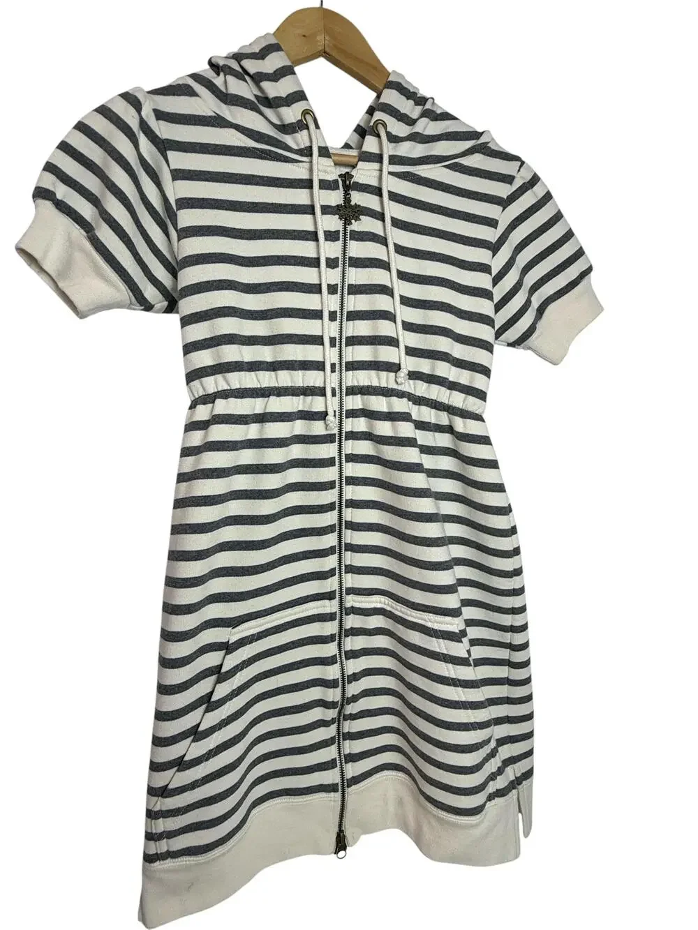 Free People Dress Womens XS White Gray Striped Hooded Zip Fleece Sweater